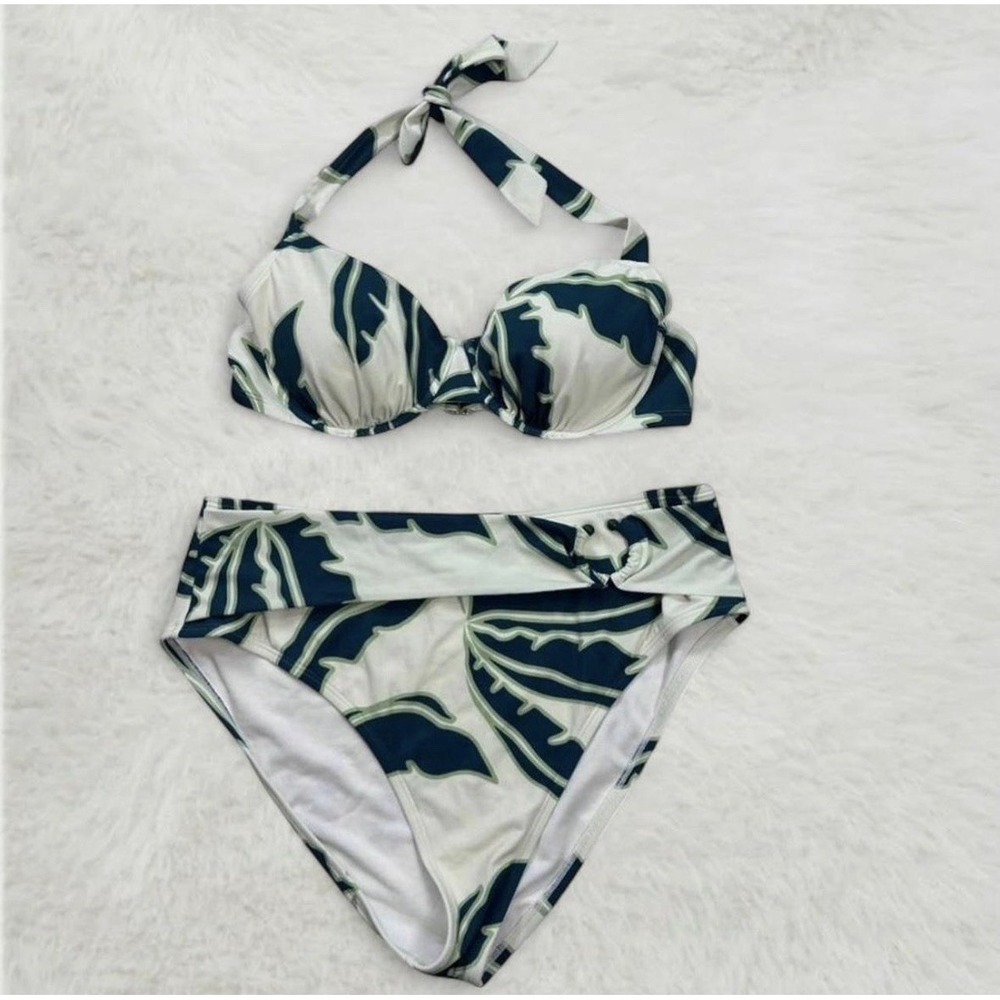 Shade & Shore Tropical Palm High-Waist Bikini Set - Balconette 38D‎ / XL Bottoms